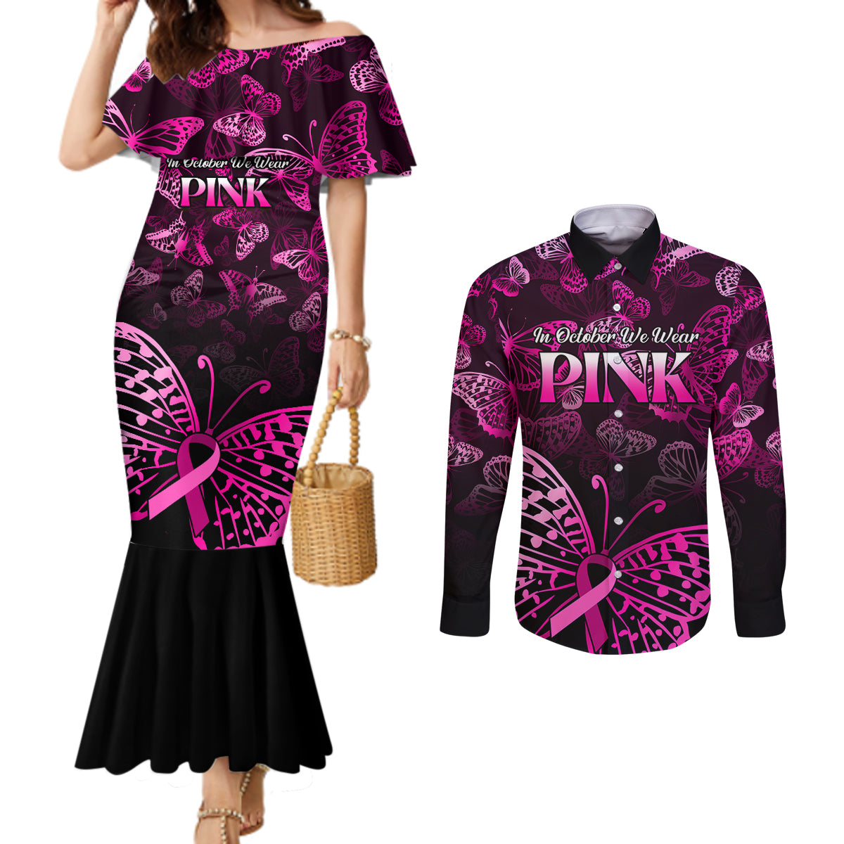 personalised-in-october-we-wear-pink-couples-matching-mermaid-dress-and-long-sleeve-button-shirts-breast-cancer-awareness