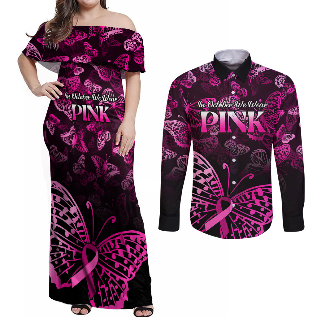 Personalised In October We Wear Pink Couples Matching Off Shoulder Maxi Dress and Long Sleeve Button Shirts Breast Cancer Awareness - Wonder Print Shop