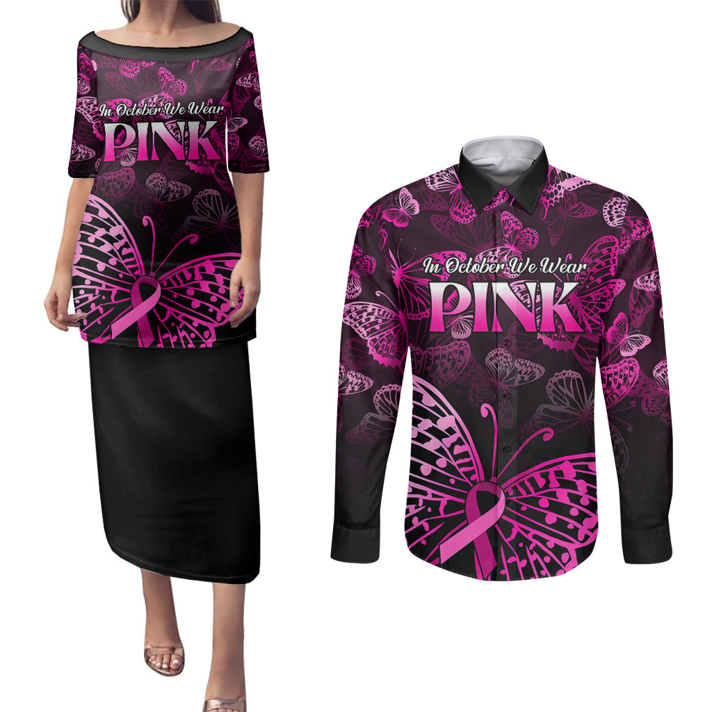 Personalised In October We Wear Pink Couples Matching Puletasi Dress and Long Sleeve Button Shirts Breast Cancer Awareness - Wonder Print Shop