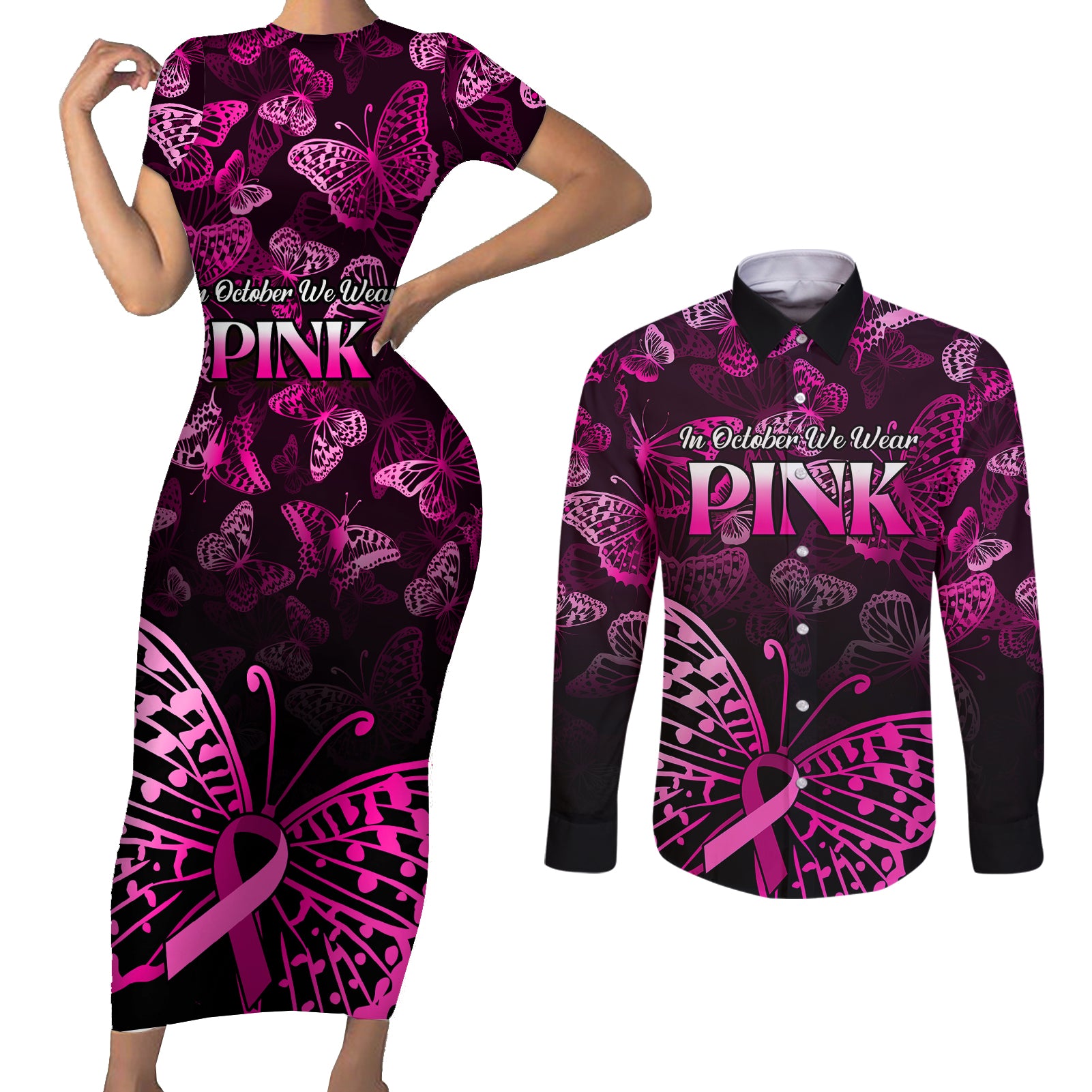 Personalised In October We Wear Pink Couples Matching Short Sleeve Bodycon Dress and Long Sleeve Button Shirts Breast Cancer Awareness - Wonder Print Shop