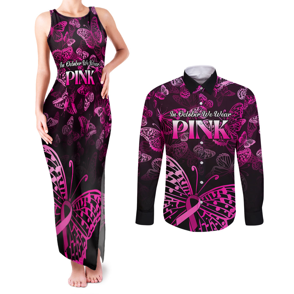 Personalised In October We Wear Pink Couples Matching Tank Maxi Dress and Long Sleeve Button Shirts Breast Cancer Awareness - Wonder Print Shop