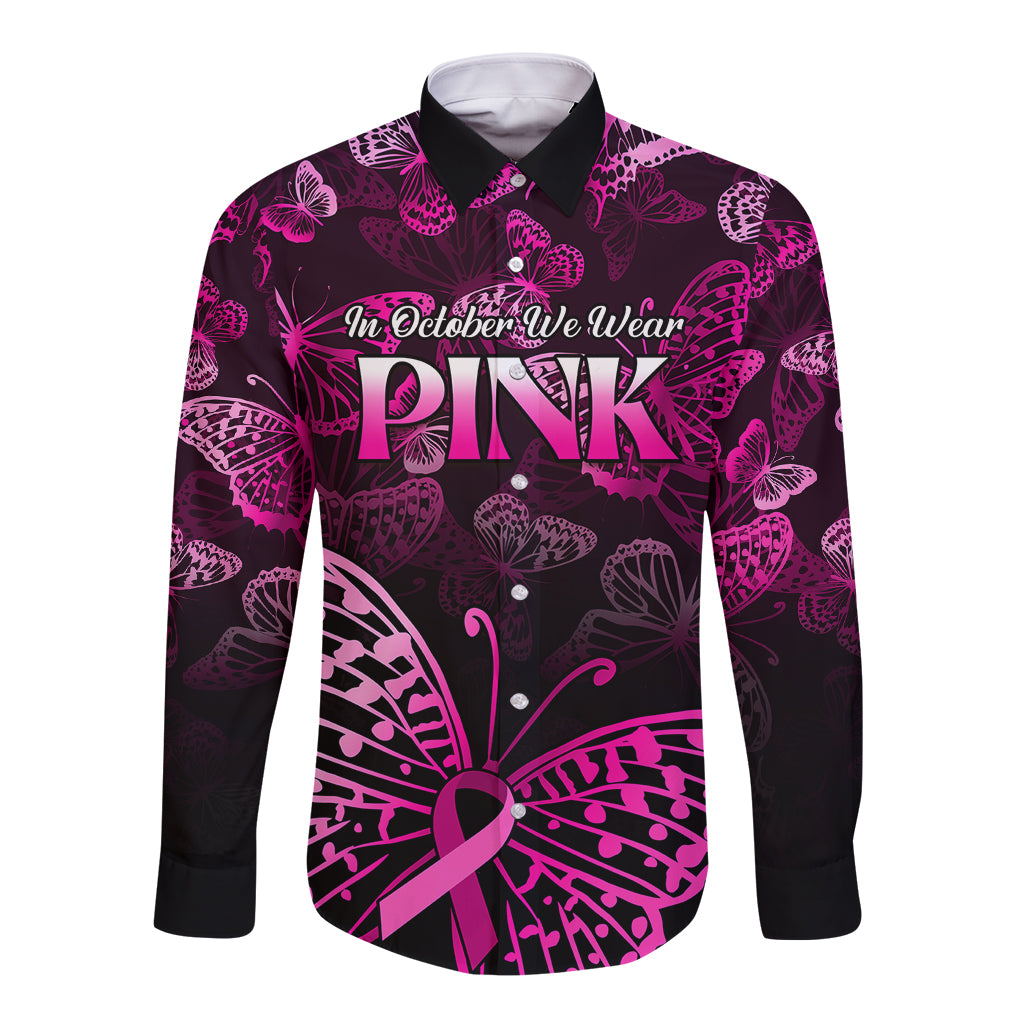 Long-sleeve button shirt, black with pink butterfly print and breast-cancer ribbon front