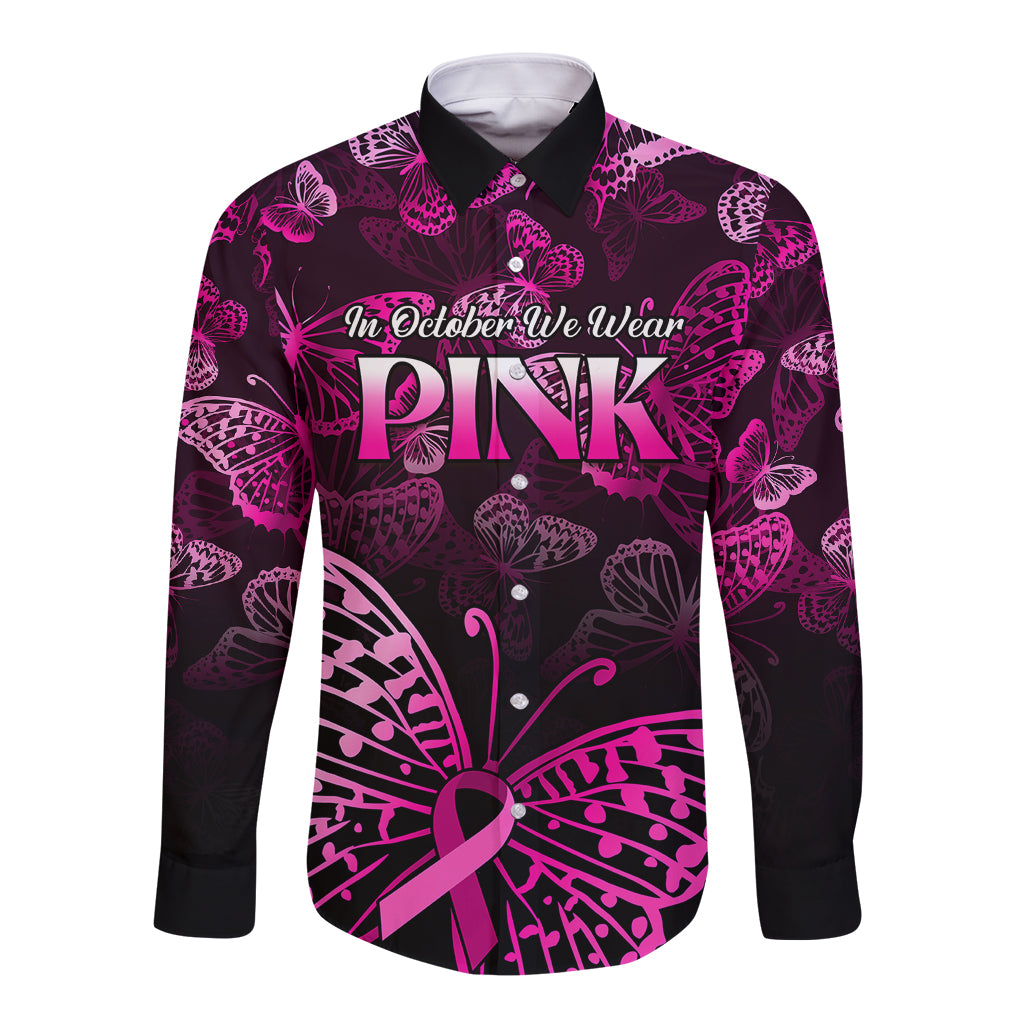 Personalised In October We Wear Pink Long Sleeve Button Shirt Breast Cancer Awareness - Wonder Print Shop