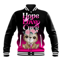 Unisex black baseball jacket, sloth 'Hope Love Cure' graphic with pink ribbon
