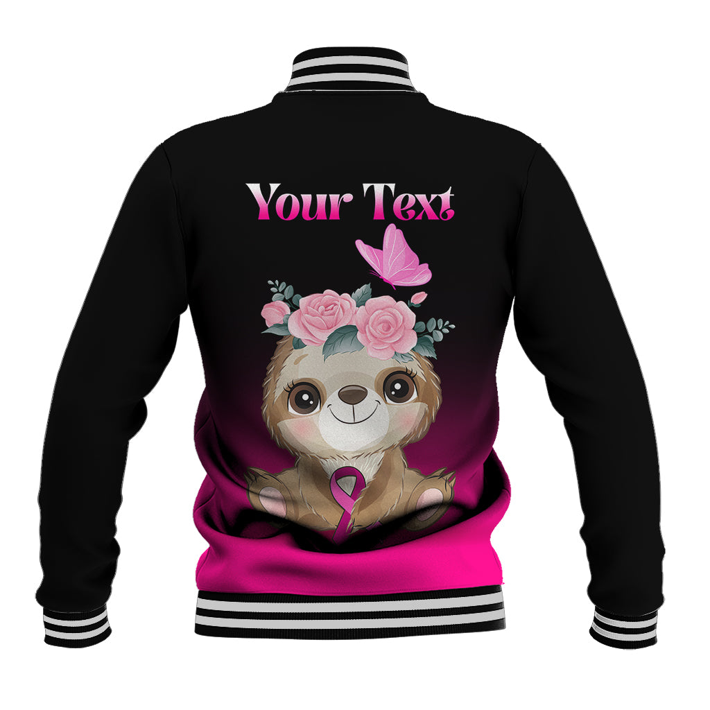 Unisex black baseball jacket, back print 'Your Text' with sloth, pink ribbon, flowers