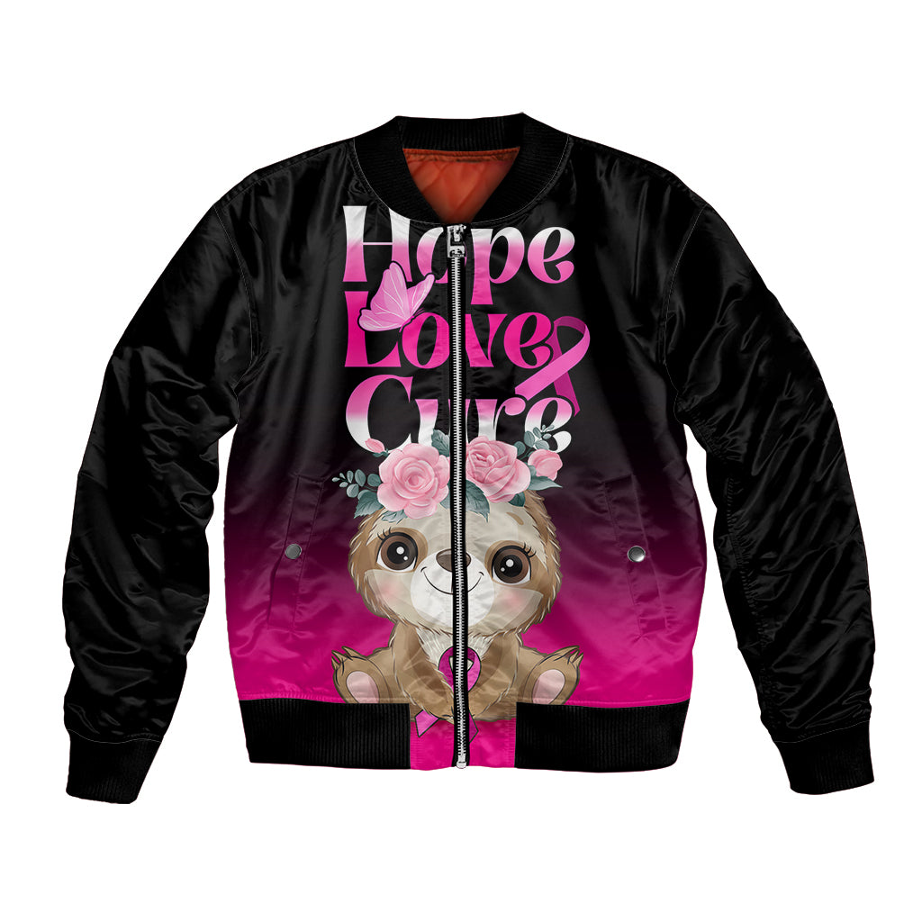 Black bomber jacket with pink sloth graphic, Hope Love Cure text on front