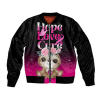 Black bomber jacket with pink sloth graphic, Hope Love Cure text on front