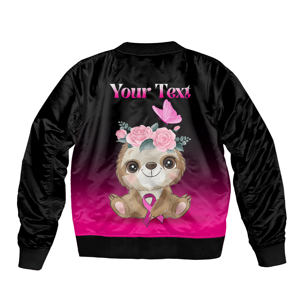 Black bomber jacket with pink sloth graphic, flowers and Your Text on back