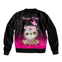 Black bomber jacket with pink sloth graphic, flowers and Your Text on back