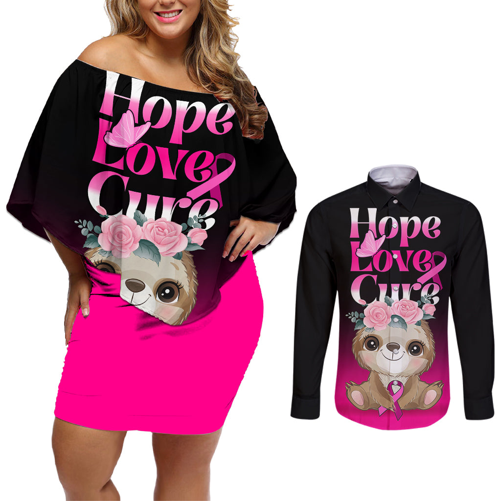 Personalised Hope Love Cure Couples Matching Off Shoulder Short Dress and Long Sleeve Button Shirts Sloth Breast Cancer Awareness - Wonder Print Shop