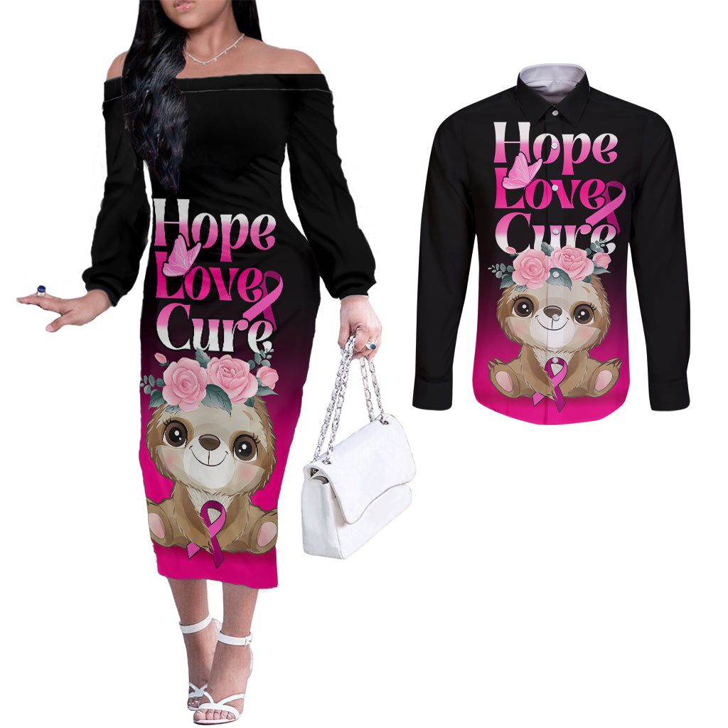 personalised-hope-love-cure-couples-matching-off-the-shoulder-long-sleeve-dress-and-long-sleeve-button-shirts-sloth-breast-cancer-awareness