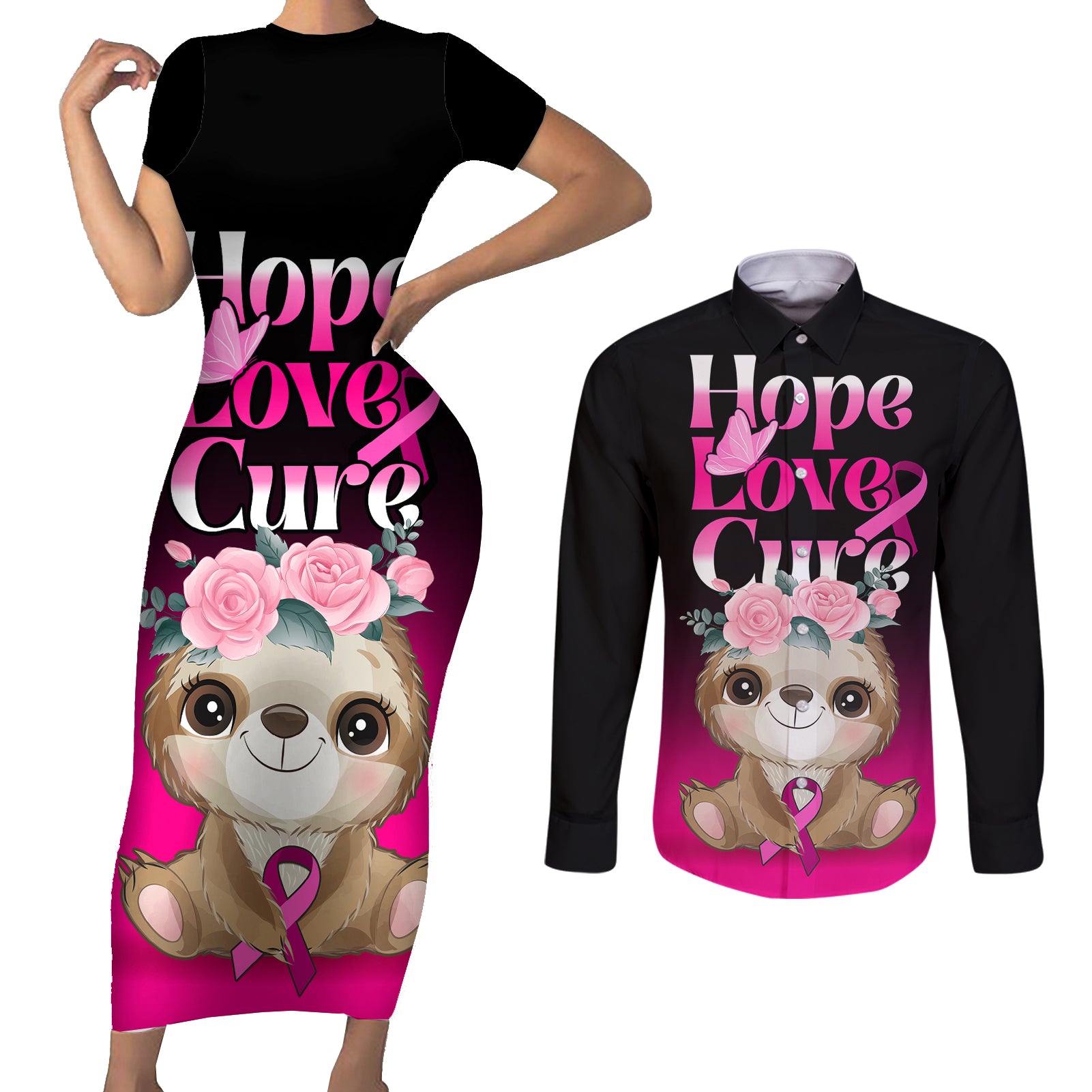 Personalised Hope Love Cure Couples Matching Short Sleeve Bodycon Dress and Long Sleeve Button Shirts Sloth Breast Cancer Awareness - Wonder Print Shop