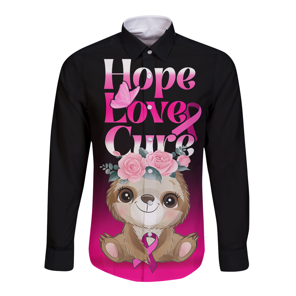 Black long-sleeve button shirt with front sloth graphic, pink flowers and ribbon