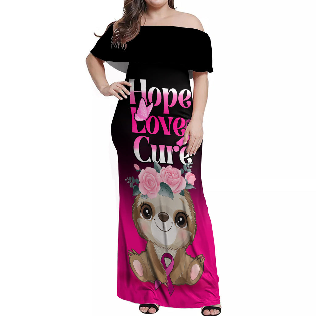 Personalised Hope Love Cure Off Shoulder Maxi Dress Sloth Breast Cancer Awareness - Wonder Print Shop