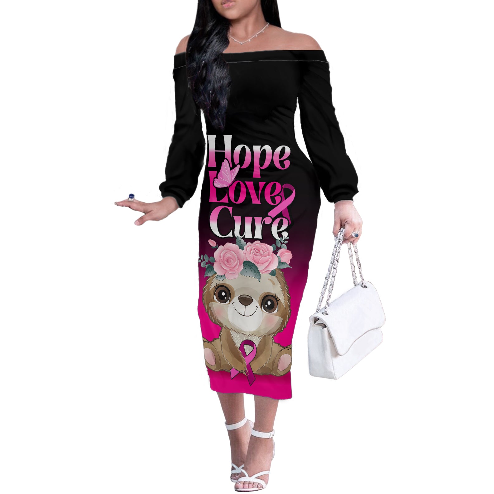 Personalised Hope Love Cure Off The Shoulder Long Sleeve Dress Sloth Breast Cancer Awareness - Wonder Print Shop