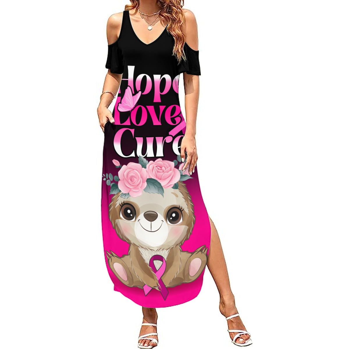 personalised-hope-love-cure-summer-maxi-dress-sloth-breast-cancer-awareness