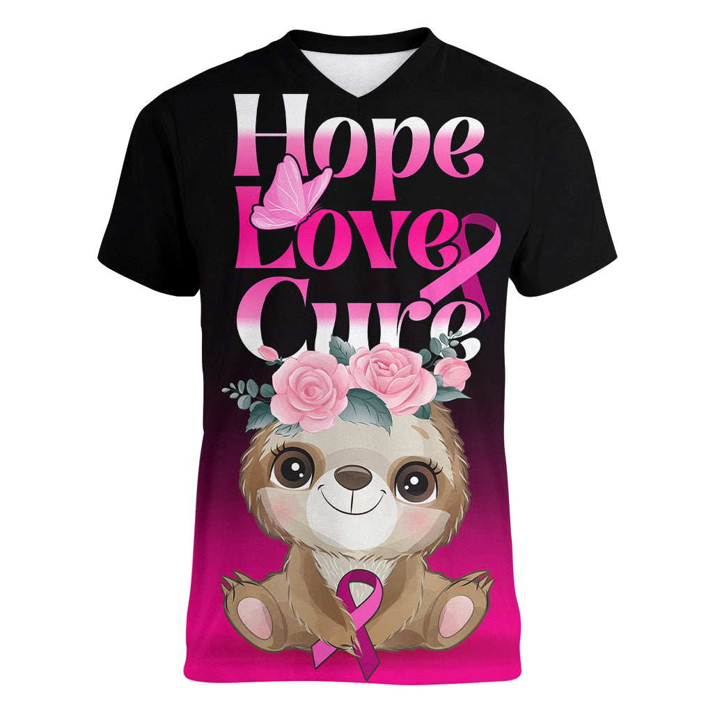 personalised-hope-love-cure-women-v-neck-t-shirt-sloth-breast-cancer-awareness