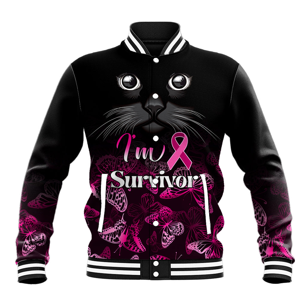 Black baseball jacket with cat face graphic, pink awareness ribbon, snap button front