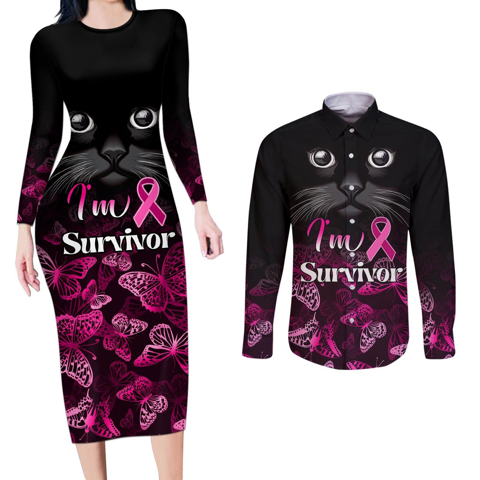 Personalised I Am A Survivor Couples Matching Long Sleeve Bodycon Dress and Long Sleeve Button Shirts Black Cat Breast Cancer Awareness - Wonder Print Shop