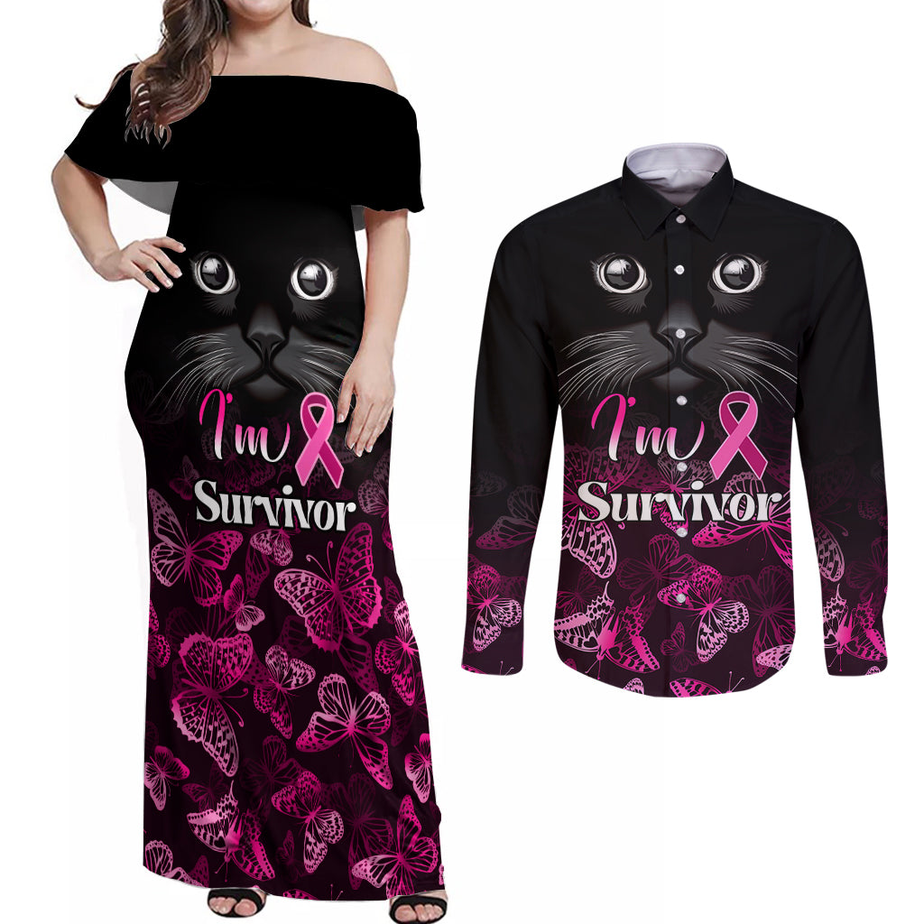 Personalised I Am A Survivor Couples Matching Off Shoulder Maxi Dress and Long Sleeve Button Shirts Black Cat Breast Cancer Awareness - Wonder Print Shop