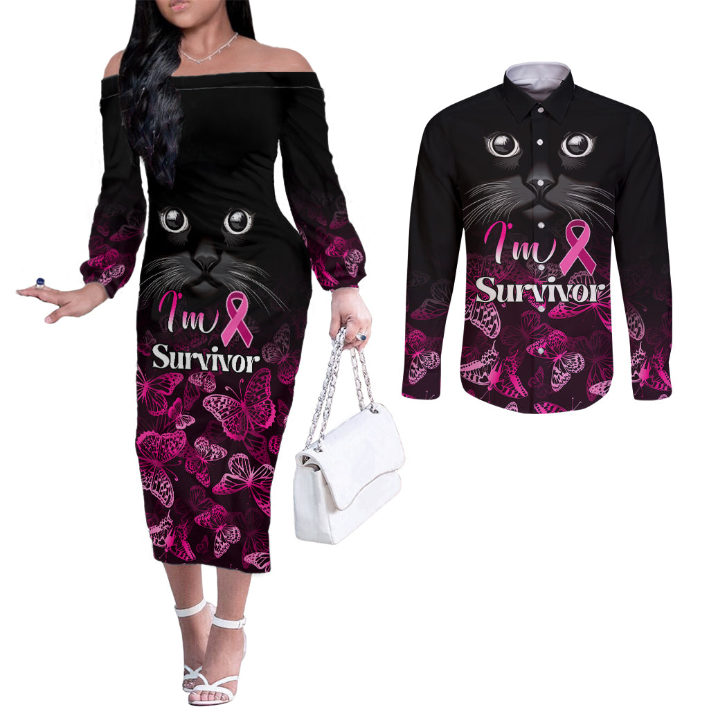 personalised-i-am-a-survivor-couples-matching-off-the-shoulder-long-sleeve-dress-and-long-sleeve-button-shirts-black-cat-breast-cancer-awareness