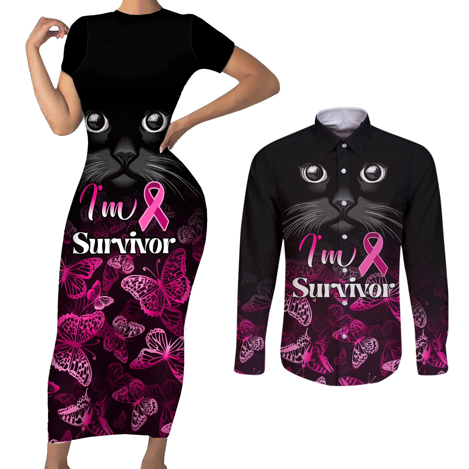 Personalised I Am A Survivor Couples Matching Short Sleeve Bodycon Dress and Long Sleeve Button Shirts Black Cat Breast Cancer Awareness - Wonder Print Shop