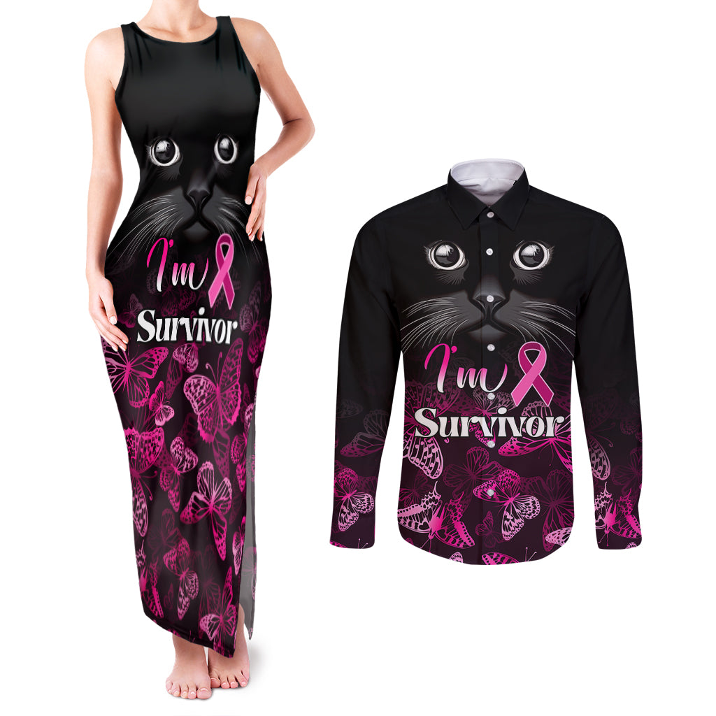 Personalised I Am A Survivor Couples Matching Tank Maxi Dress and Long Sleeve Button Shirts Black Cat Breast Cancer Awareness - Wonder Print Shop