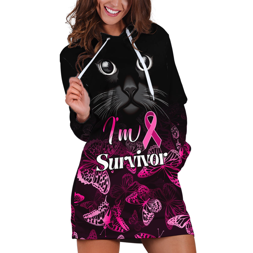 Personalised I Am A Survivor Hoodie Dress Black Cat Breast Cancer Awareness - Wonder Print Shop