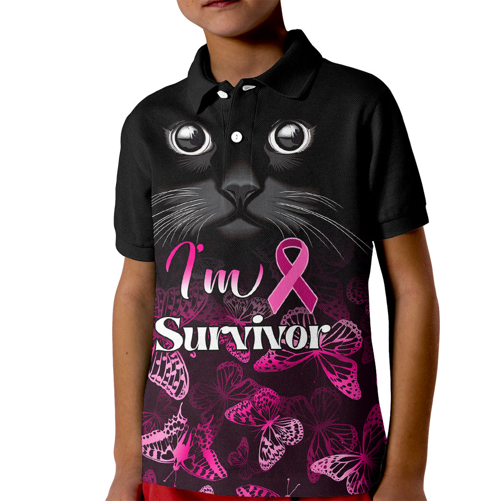 Personalised I Am A Survivor Kid Polo Shirt Black Cat Breast Cancer Awareness - Wonder Print Shop