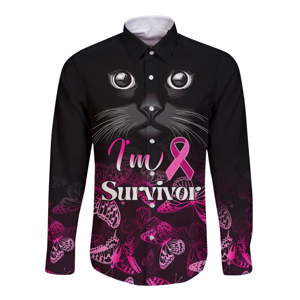 Black long-sleeve button shirt with cat face, pink ribbon, 'I'm A Survivor' graphic