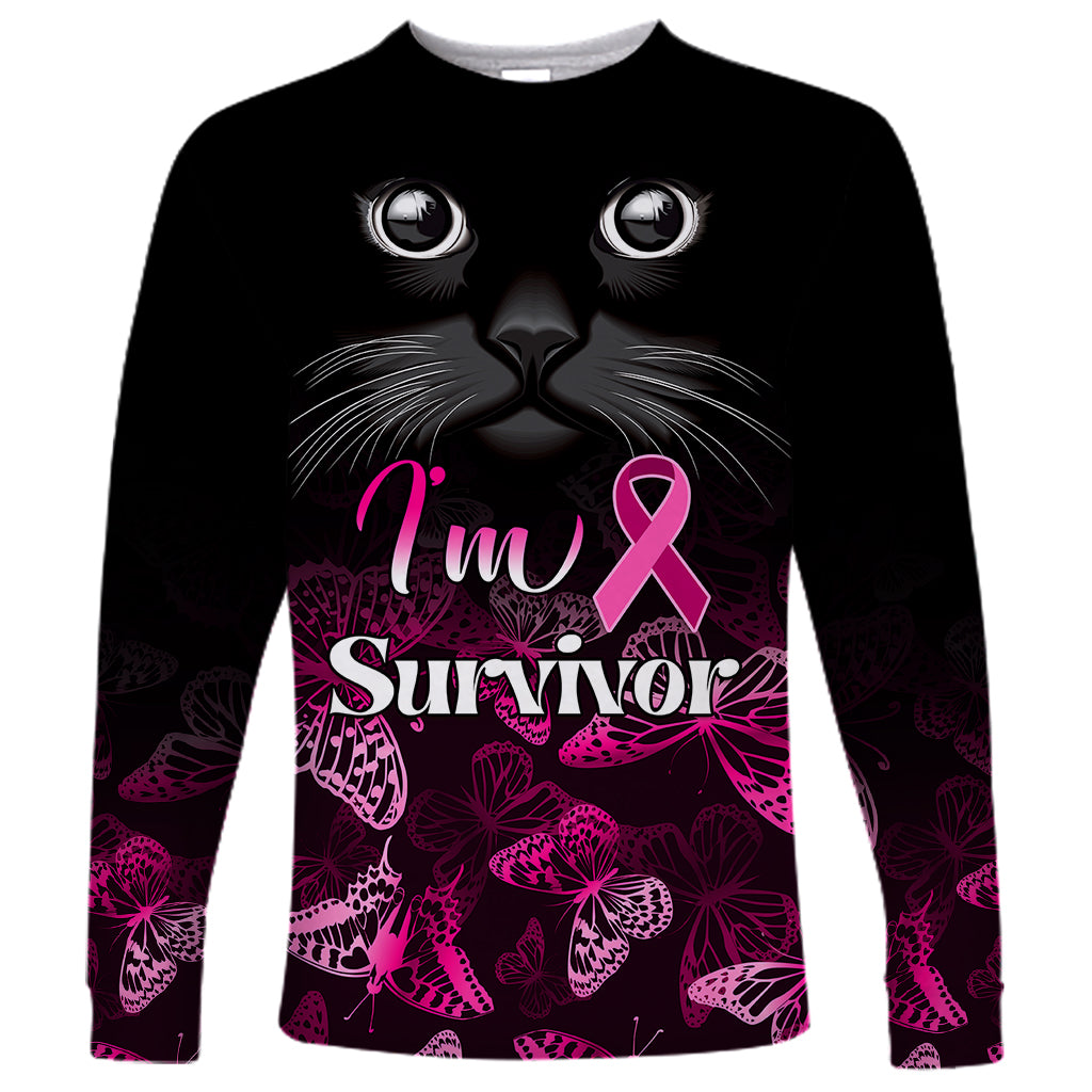 Personalised I Am A Survivor Long Sleeve Shirt Black Cat Breast Cancer Awareness - Wonder Print Shop