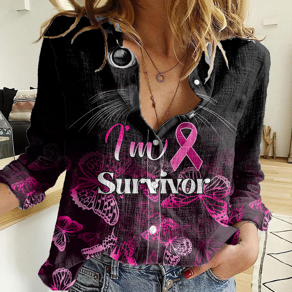 personalised-i-am-a-survivor-women-casual-shirt-black-cat-breast-cancer-awareness