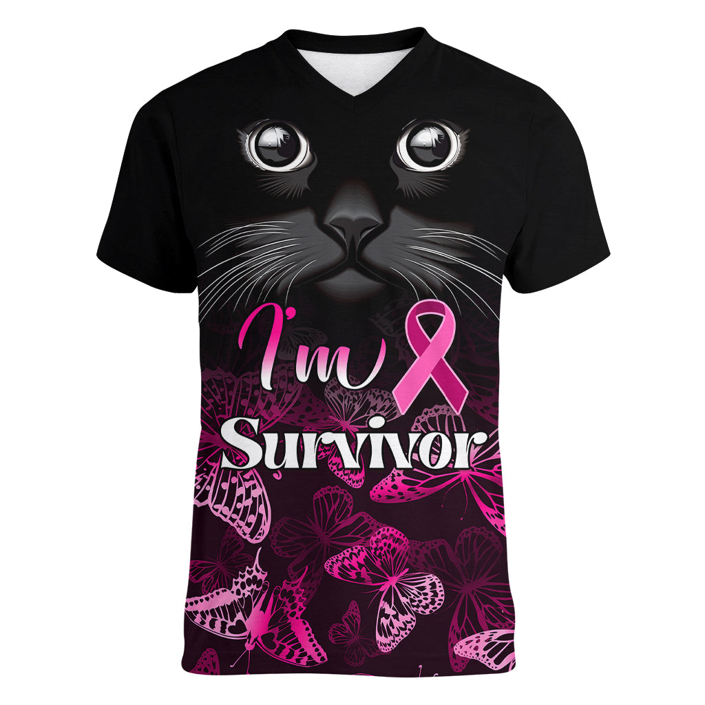 personalised-i-am-a-survivor-women-v-neck-t-shirt-black-cat-breast-cancer-awareness