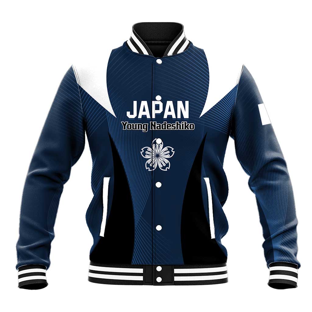 Blue varsity baseball jacket with white striped collar, snap buttons, JAPAN Young Nadeshiko crest