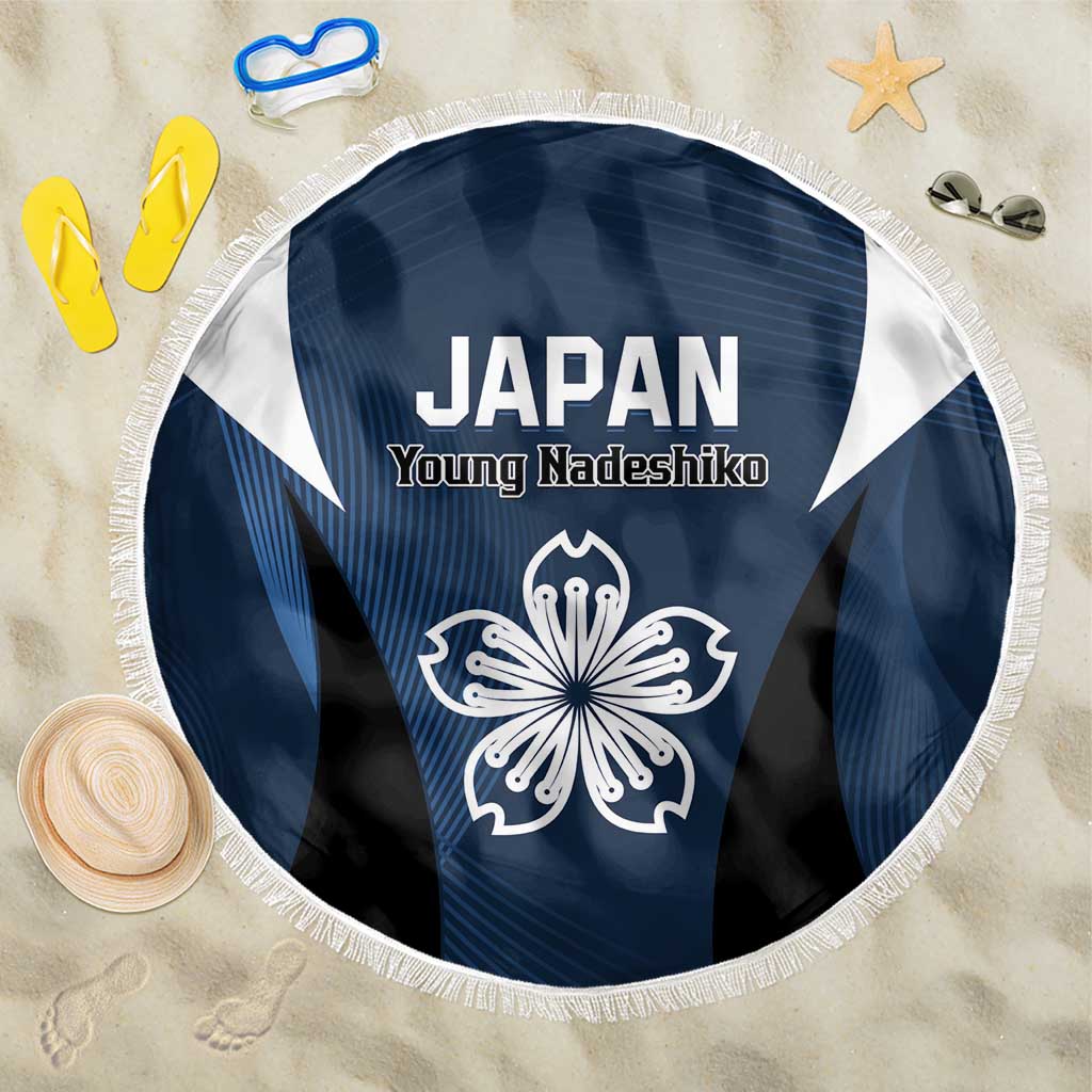 Blue round beach blanket with fringe, Japan and Young Nadeshiko print and crest emblem