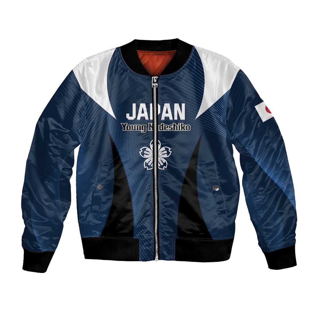 Blue unisex bomber jacket with white panels, full zip, ribbed cuffs, front print, sleeve flag