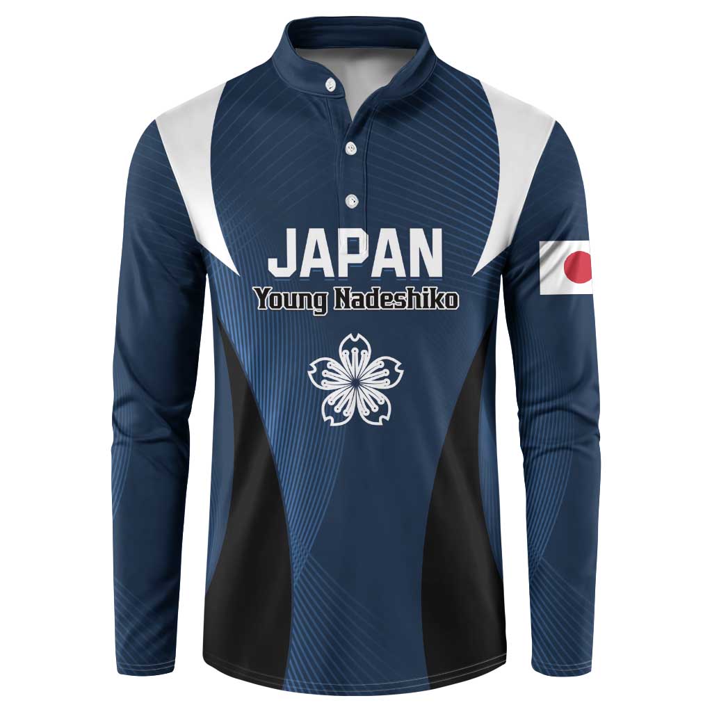 Blue long-sleeve button sweatshirt with JAPAN text, Young Nadeshiko crest, and Japan flag sleeve.