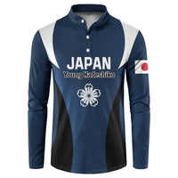 Blue long-sleeve button sweatshirt with JAPAN text, Young Nadeshiko crest, and Japan flag sleeve.