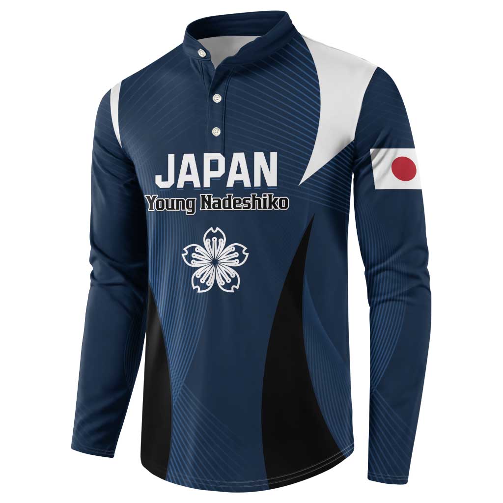 Blue long-sleeve button sweatshirt with JAPAN text, Young Nadeshiko crest, flag patch.