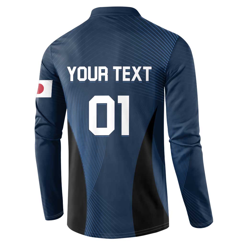 Blue long-sleeve button sweatshirt with 'YOUR TEXT' and '01' on back.