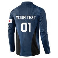 Blue long-sleeve button sweatshirt with 'YOUR TEXT' and '01' on back.