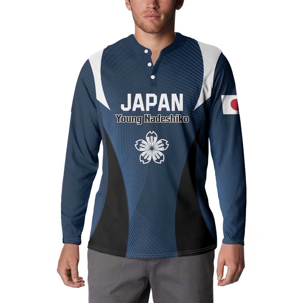 Blue long-sleeve button sweatshirt with JAPAN text, Young Nadeshiko crest, Japan flag sleeve.