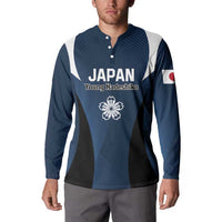 Blue long-sleeve button sweatshirt with JAPAN text, Young Nadeshiko crest, Japan flag sleeve.