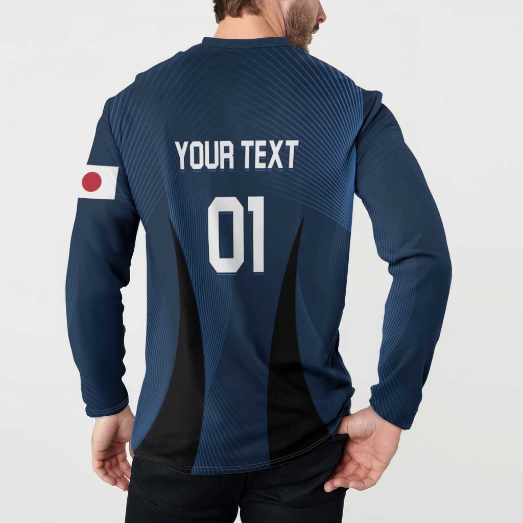 Blue long-sleeve button sweatshirt with 'YOUR TEXT' and '01' on back, flag patch.