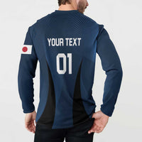 Blue long-sleeve button sweatshirt with 'YOUR TEXT' and '01' on back, flag patch.