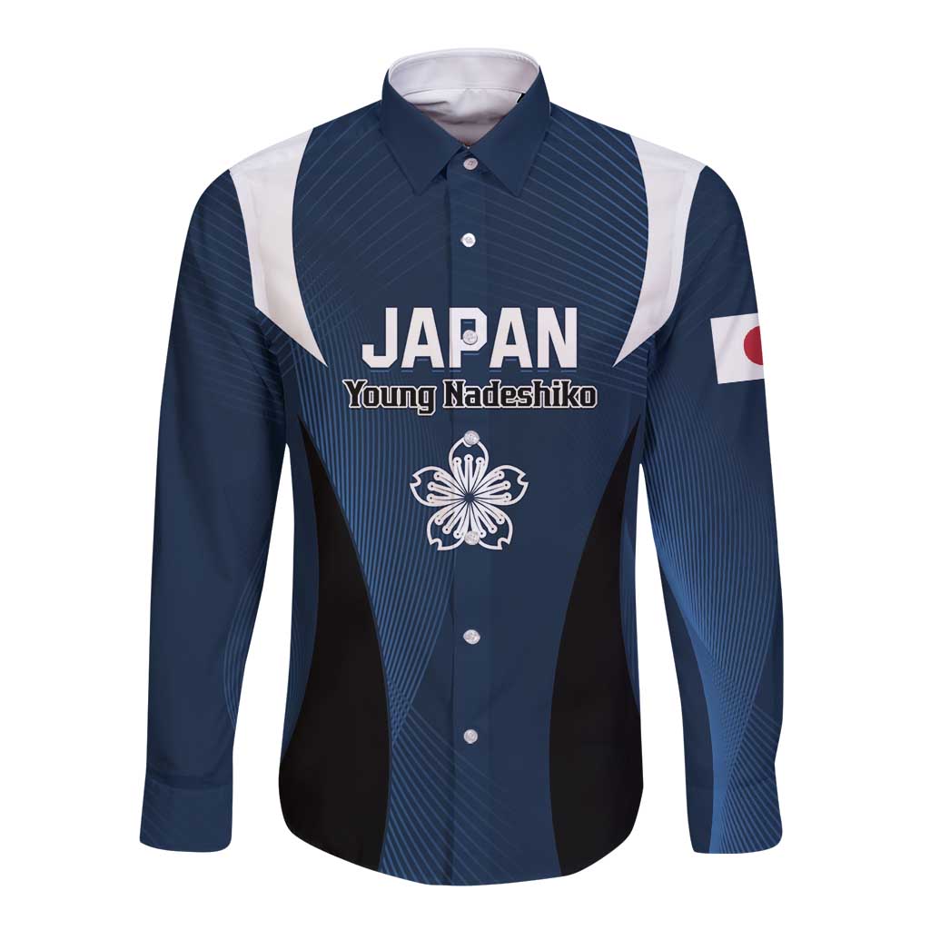 Blue football long-sleeve button shirt with JAPAN front graphic and white diagonal panels
