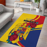 Yellow and blue Romania-themed area rug with “ROMANIA” text, eagle, and rose artwork.