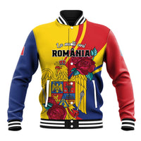 Colorblock baseball jacket with eagle and rose graphic, striped collar, yellow blue red