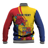 Back of colorblock baseball jacket with eagle crest and rose artwork, striped hem cuffs