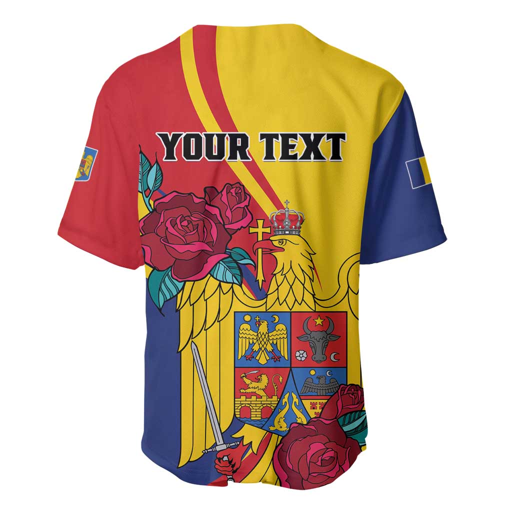 Baseball jersey back with 'YOUR TEXT', Romanian eagle, roses, and crest; yellow/red/blue